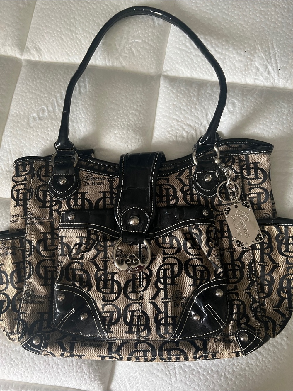 Beige & Black Logo-Print Shoulder Bag by